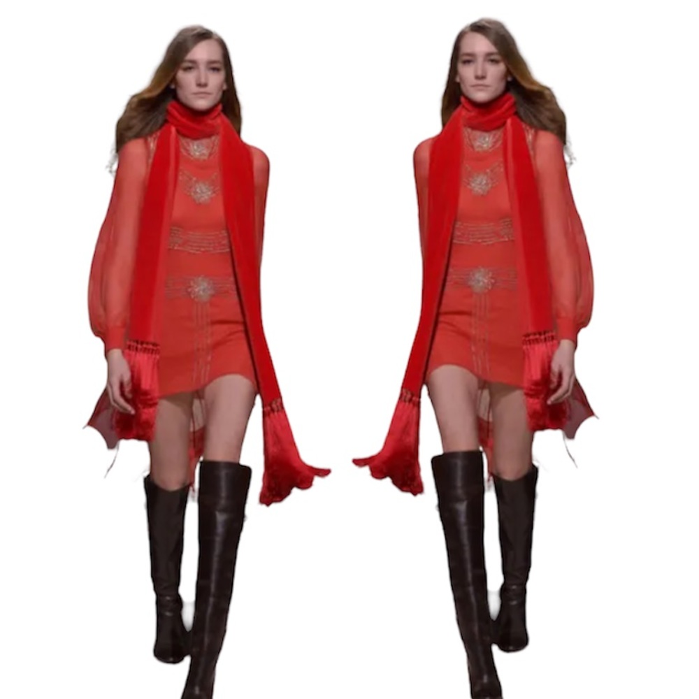 H&M Autumn Collection 2013 Red Sequin Bead Sheer Chiffon High Low Dress Coverup